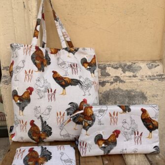 Set tote bag pochette beauty case Galli e Galline in cotone