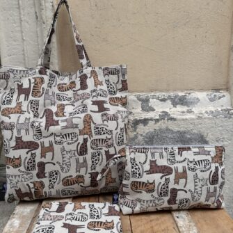 Set tote bag pochette beauty case Gatti Tigrati in cotone