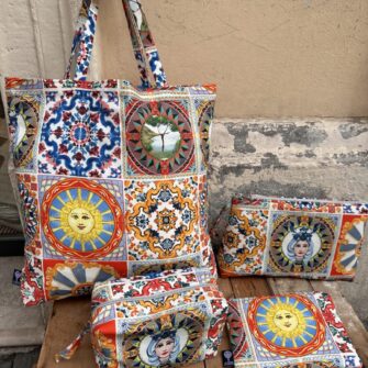 Set tote bag pochette beauty case trousse Maioliche di Sicilia in cotone