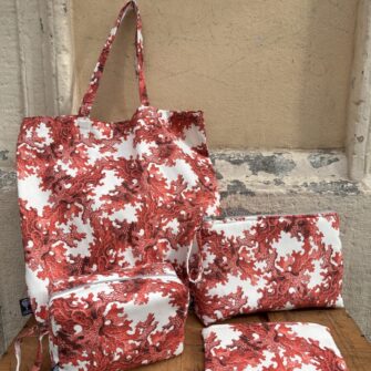 Set tote bag pochette beauty case trousse Coralli Rossi in cotone