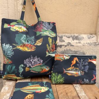 Set tote bag pochette beauty case Pesci Capri in cotone