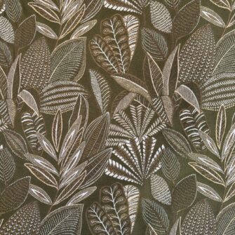 TESSUTO RICAMATO Foglie-Ricamate-Kaki-e-Oro