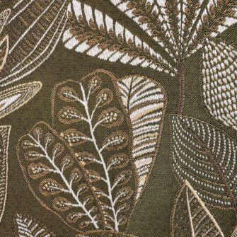 TESSUTO-Foglie-Ricamate-Kaki-e-Oro