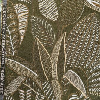 TESSUTO JACQUARD Foglie-Ricamate-Kaki-e-Oro