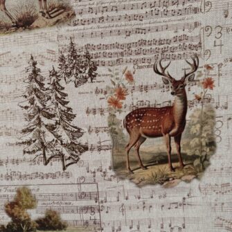 Tessuto con cervi e animali del bosco su sfondo di spartiti musicali