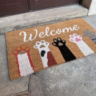 Zerbino con zampe di gatto colorate e scritta Welcome